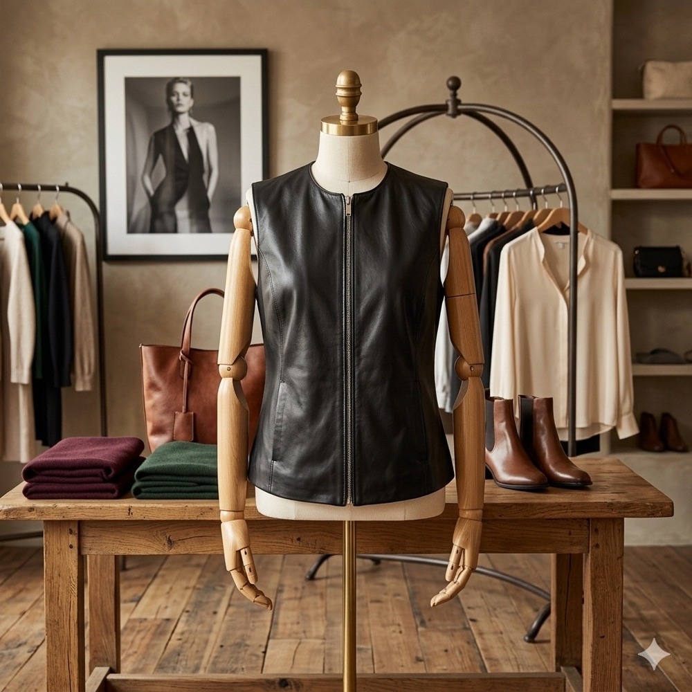 Vintage Caslon Black Genuine Lambskin Leather Zip Up Vest Women's Medium 60910